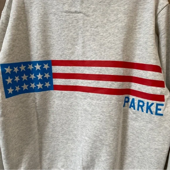 PARKE Light Gray Crewneck Sweatshirt with Red & Blue Flag Print - Picture 3 of 7